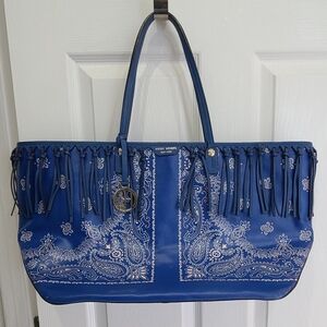 Henri Bendel Royal Blue Paisley Extra Large Fringe Tote